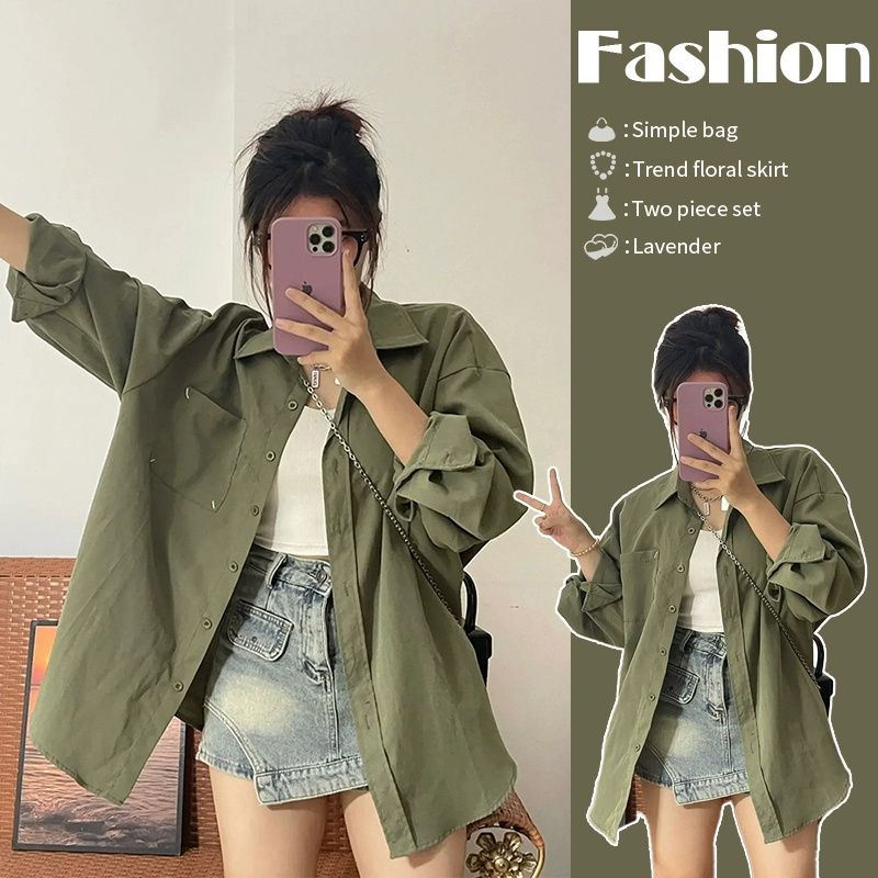 100 polyester green long-sleeved shirt top 2024 new early autumn sun protection cardigan jacket shirt