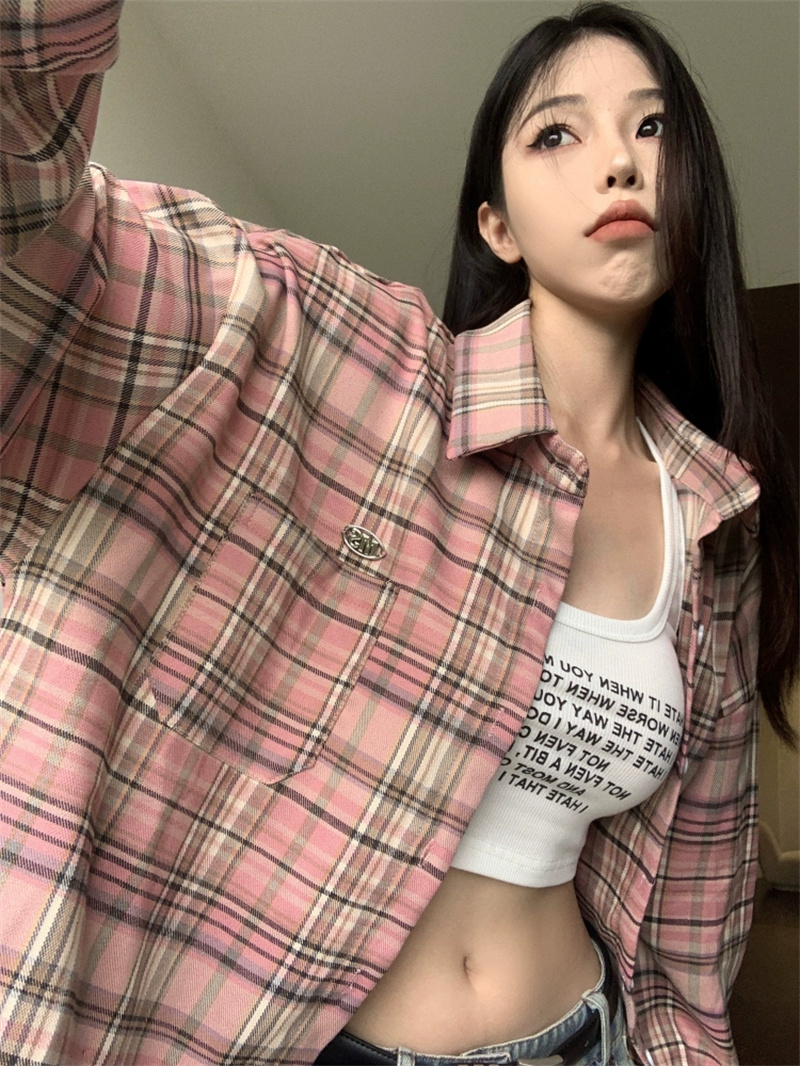 82 polyester 15 rayon 3 spandex 2024 spring and summer new pink plaid shirt jacket for women