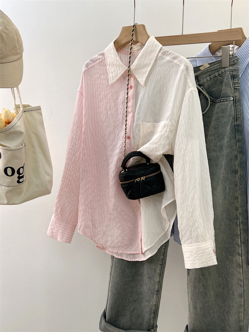 55 viscose.  26 polyester.  19 nylon 2024 bubble pink color matching striped shirt women's sun protection top