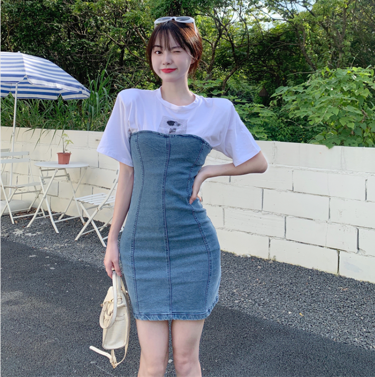 MY697#新款大码女装假两件牛仔连衣裙收腰辣妹包臀短裙S-5XL200斤女裝貨源服裝批發