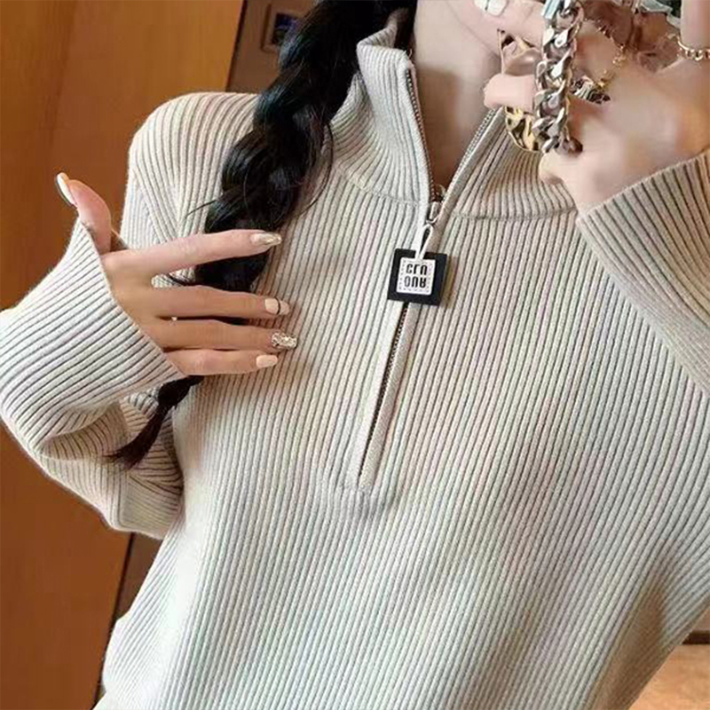 2024新款半拉鏈高領毛衣女秋冬季高級感加厚針織內搭打底上衣