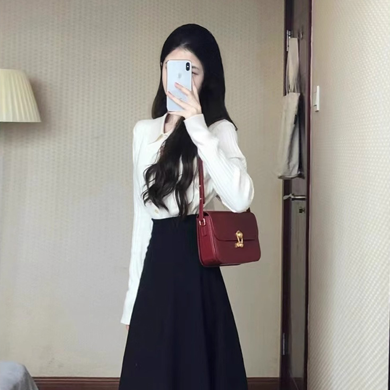 白色polo領針織衫女秋冬季修身毛衣內搭打底衫高級感長袖開衫上衣