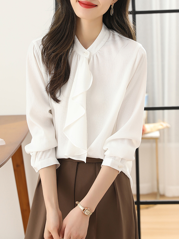 실사 프랑스식 우아함 디자인 리본 나비 넥타이 가을 보라색 긴팔 여성 셔츠 품격 출퇴근 직장 셔츠
