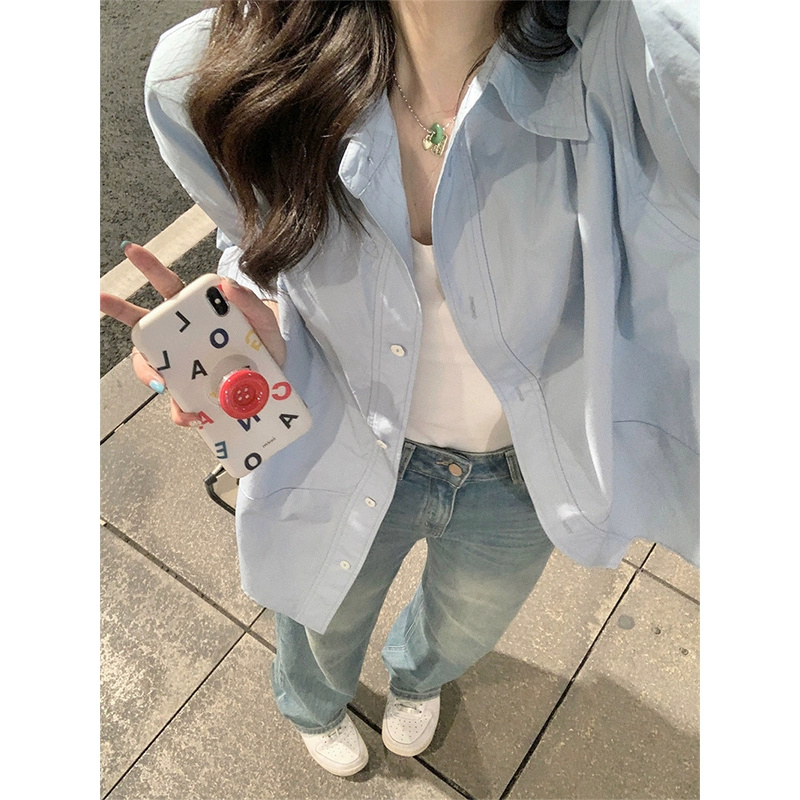 Blue POLO collar long-sleeved sun protection shirt summer 2024 new Korean style mid-length top for women