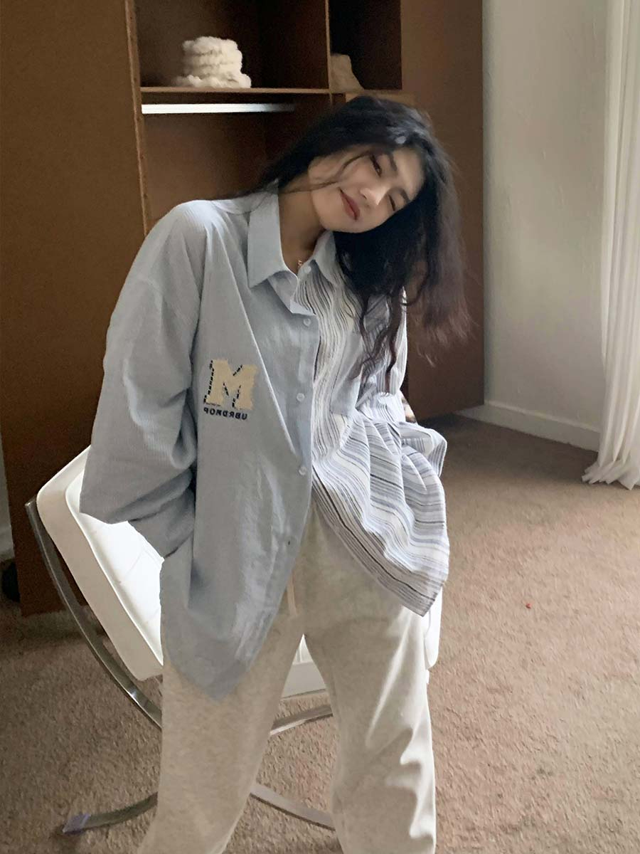 95 cotton 5 polyester 2024 new American striped patchwork shirt long-sleeved loose casual versatile top