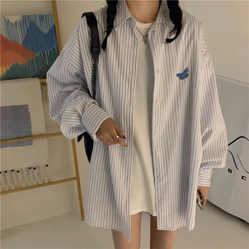 60 polyester 40 rayon 2024 new summer striped shirt sweet long-sleeved Hong Kong style chic top