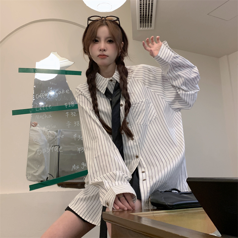 40 rayon 60 polyester 2024 new striped raglan sleeve textured shirt spring and autumn women's Japanese style long sleeve