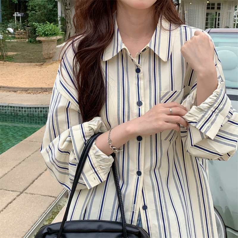 Retro Striped Shirt Women 2024 Spring and Autumn New Loose Jacket Long Sleeve Shirt Top Summer