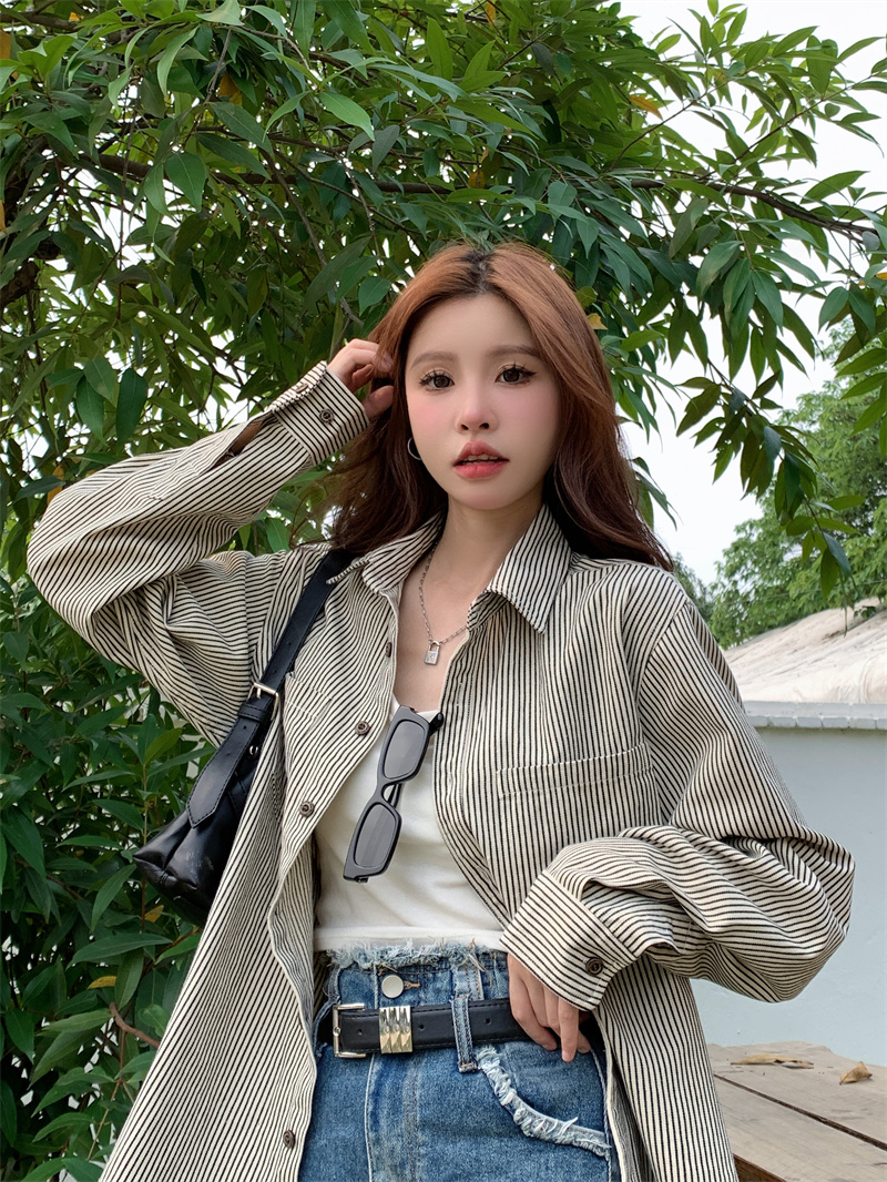 Original thick colored fabric strip 85 cotton 15 polyester Japanese style retro shirt colorful striped long-sleeved top