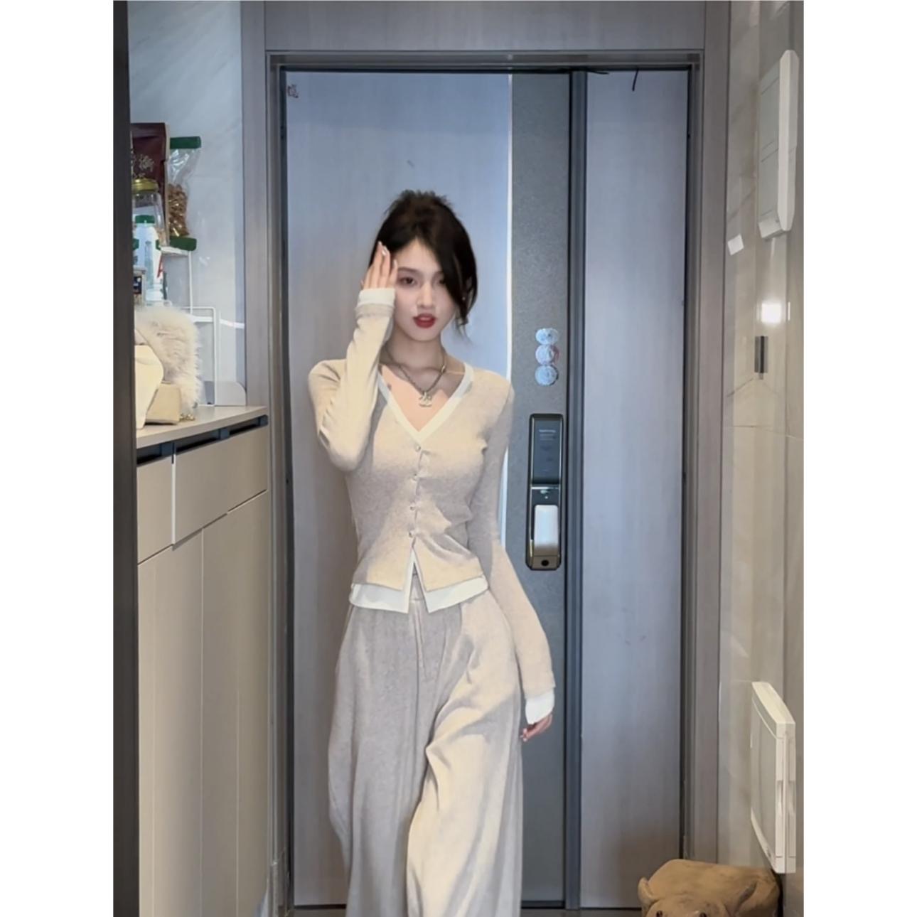 木木家 純欲風假兩件修身顯瘦上衣+高腰闊腿長褲 H0690+H0700