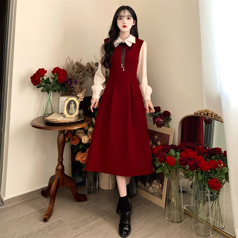 슈퍼 화재 새로운 가을 의상 빅 사이즈 코듀로이 베이비 칼라 페이크 레이어드 여성 드레스 지방 mm 허리 수축 그는 벤 바람 롱 스커트