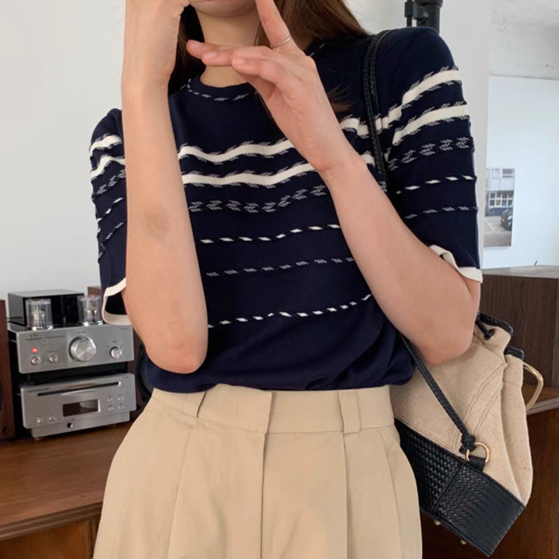 韓國chic夏季小眾休閒圓領撞色立體條紋設計寬鬆短袖針織衫T恤女