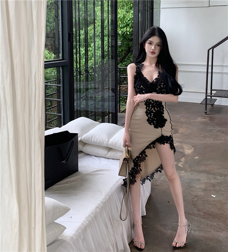 實拍 黑色蕾絲拼接吊帶連衣裙低胸辣妹性感收腰高開叉魚尾裙