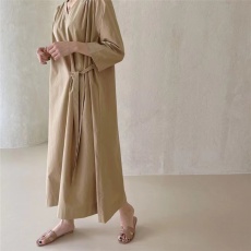 批发韩国chic简约宽松显瘦七分袖系带<b class='q'>连衣</b>裙两侧有口袋有腰带