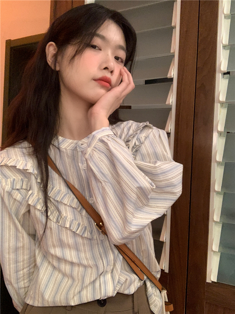 French style double layer ruffle shirt 2024 retro striped shirt women's retro loose top