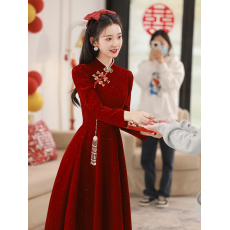 批发旗袍敬酒服2024新款秋冬新娘小个子回门结婚便装酒红色订婚礼服女