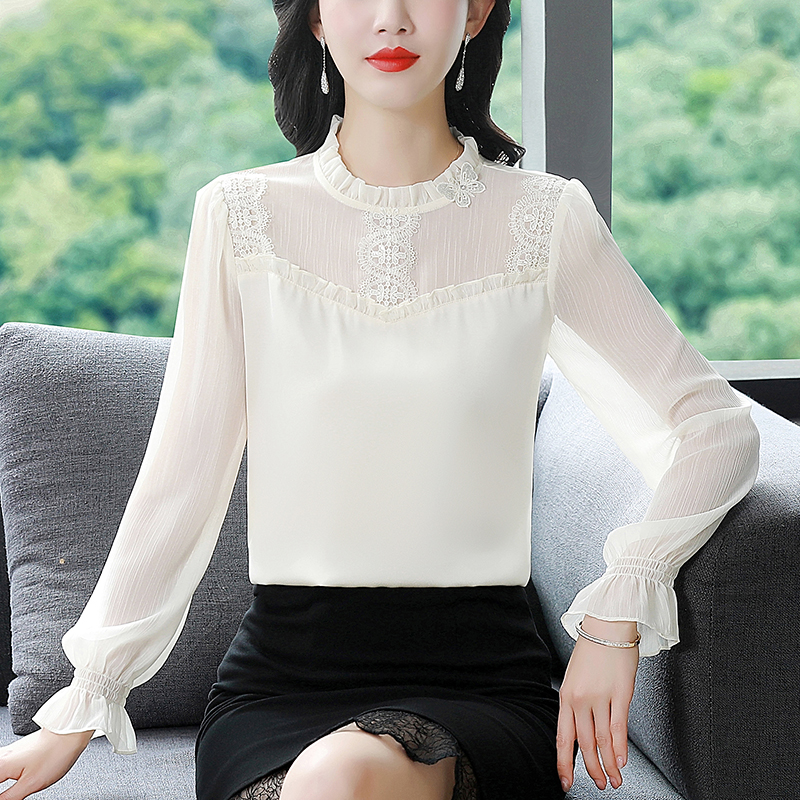 2026 새로운 품격 슬림해 보이는 스탠드 칼라 쉬폰 여성 셔츠 봄 가을 루즈핏 연령 감소 긴팔 다용도 맨위