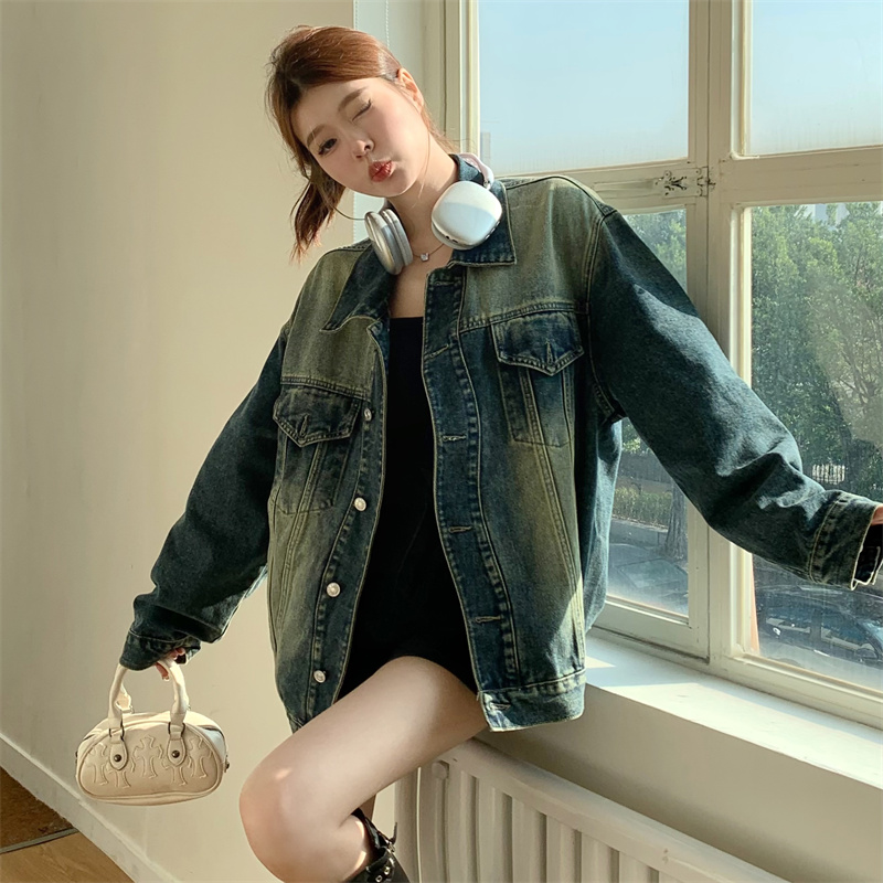 실사 정가 레트로 마 오래된 워시 물 무거운 작업 데님 재킷 루즈핏 bf 느긋한 바람