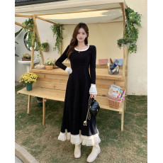 批发大码女装2026春季新款优雅花边拼接收腰显瘦长款连衣裙