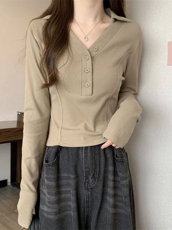 MY16382# 新款胖mm大码女装设计感韩版POLO领V领长袖t恤女上衣...