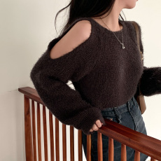 批发实价 韩国chic秋季甜美毛茸茸露肩圆领<b class='q'>毛衣</b>长袖仿貂毛针织上衣女