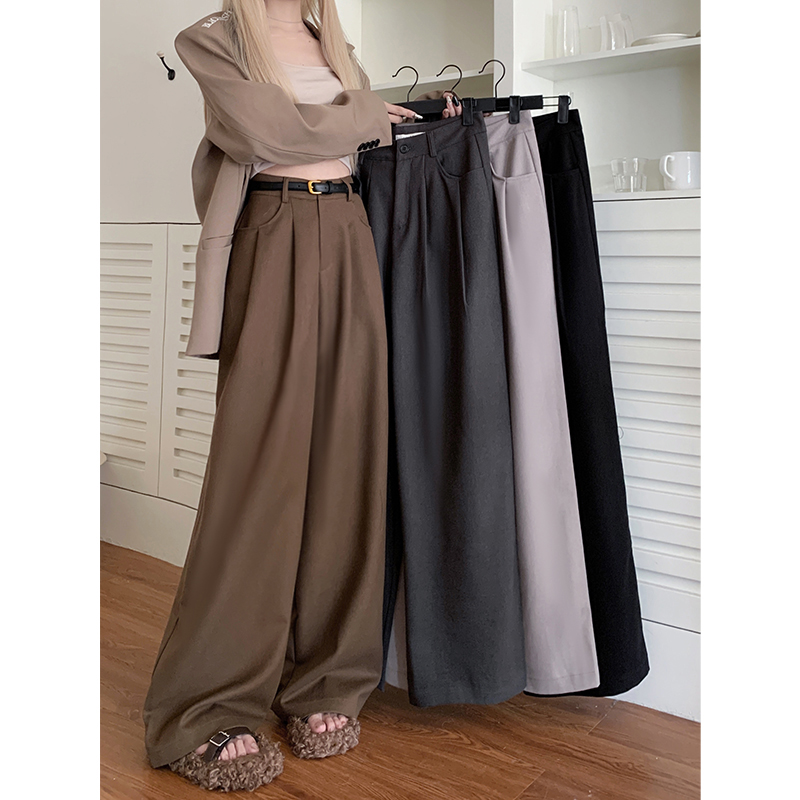 실사 2026 루즈핏 개성 정장 바지 캐주얼 바지 여성 와이드 레그 팬츠 하이웨이스트 도루 센스 바닥 청소 바지