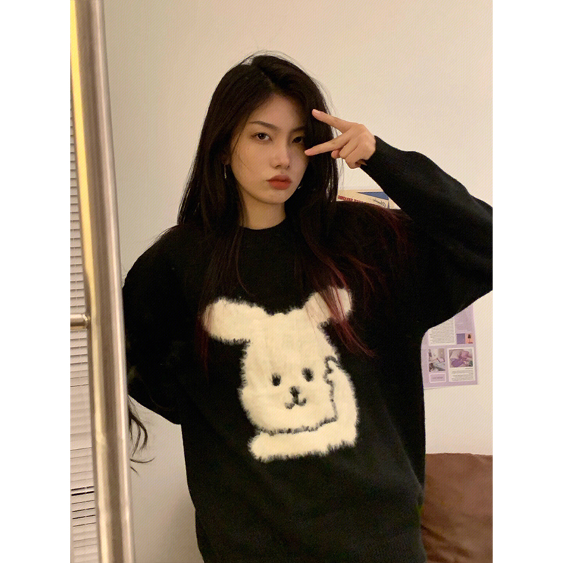 일본식 레트로 만화 작은 토끼 스웨터 여자 가을 겨울 느긋한 바람 루즈핏 라운드 넥 다용도 외국 가스 달콤함 니트 스웨터