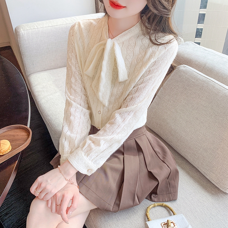 2026 봄 가을 레이스업 나비 매듭 레이스 셔츠 연령 감소 품격 인사이드 가져 가라. 만나는 외국 가스 작은 셔츠 긴팔 여성 셔츠