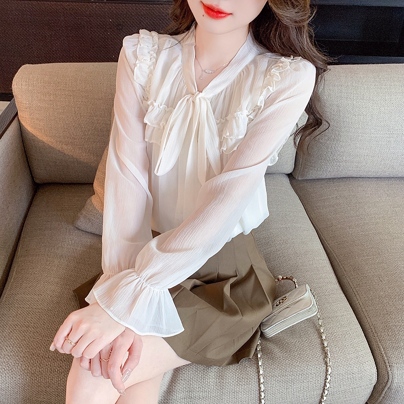 2026 봄 가을 새로운 리본 쉬폰 톱 긴팔 나비 넥타이 프랑스식 셔츠 화이트 여성 셔츠