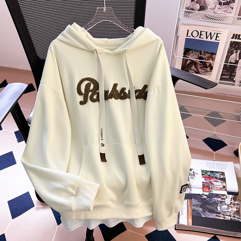 Actual shot of 2024 new spring and autumn style loose and versatile long-sleeved sweatshirt for women, cotton towel embroidered fake two-piece top for outer wear