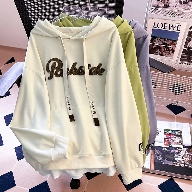 Actual shot of 2024 new spring and autumn style loose and versatile long-sleeved sweatshirt for women, cotton towel embroidered fake two-piece top for outer wear