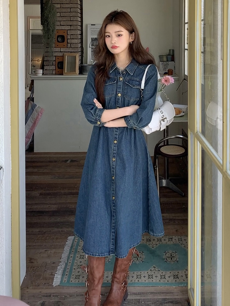 실사 2026 봄 드레스 새로운 디자인 레트로 플리츠 허리 수축 데님 스커트 여성 드레스 작은 하이웨이스트 길다 치마