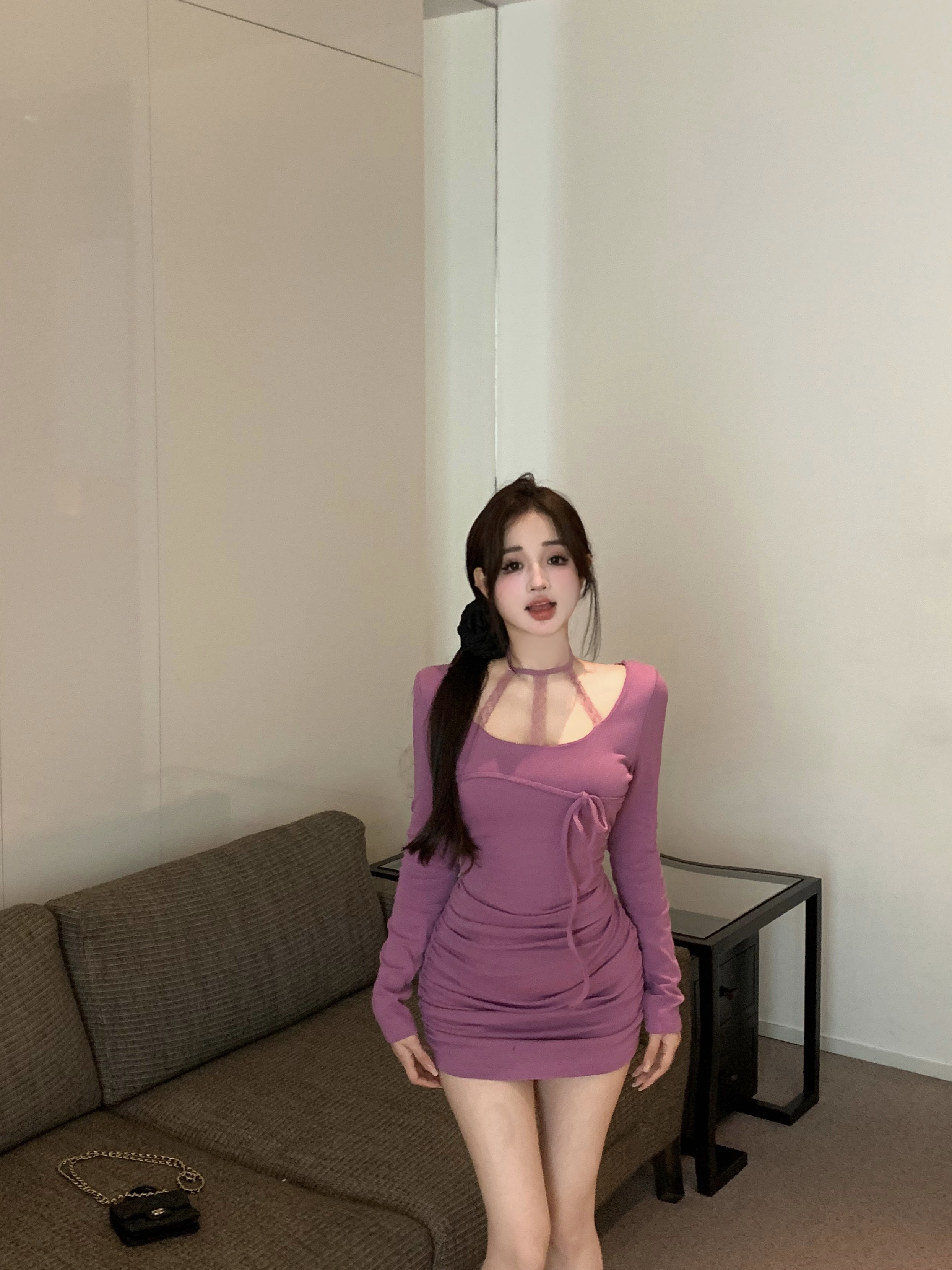 實拍陷入曖昧蕾絲拼接女設計感長袖綁帶修身包臀裙子