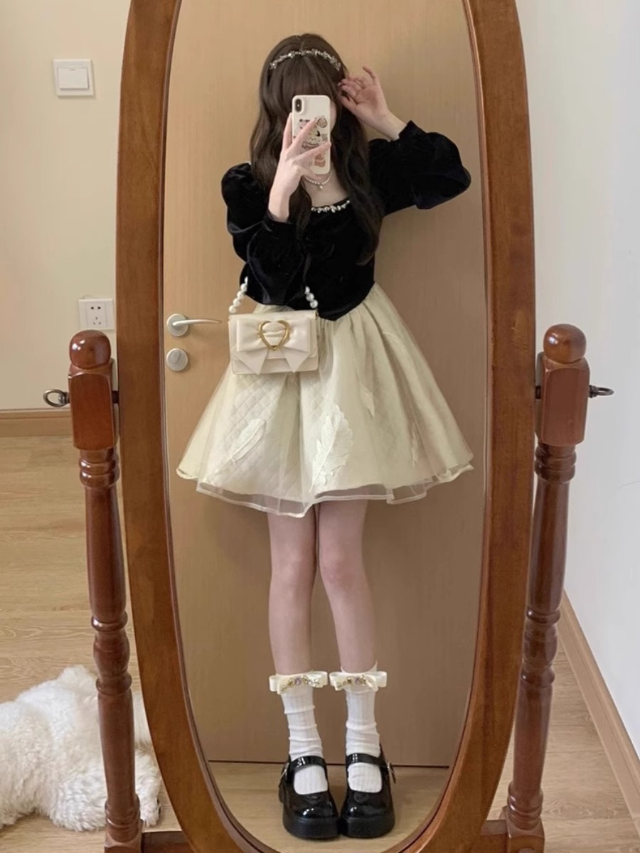富家千金小個子連衣裙女春秋高級感生日禮服公主蓬蓬赫本風小黑裙