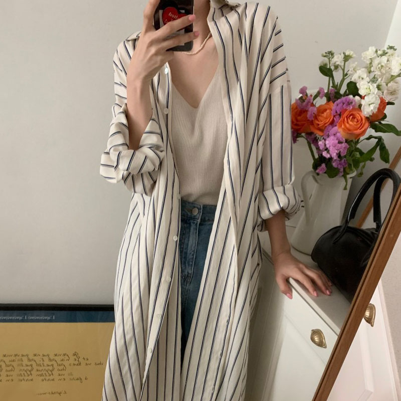 한 chic 폴로 칼라 스트라이프 셔츠 드레스 루즈핏 인사이드 가져 가라. 치마