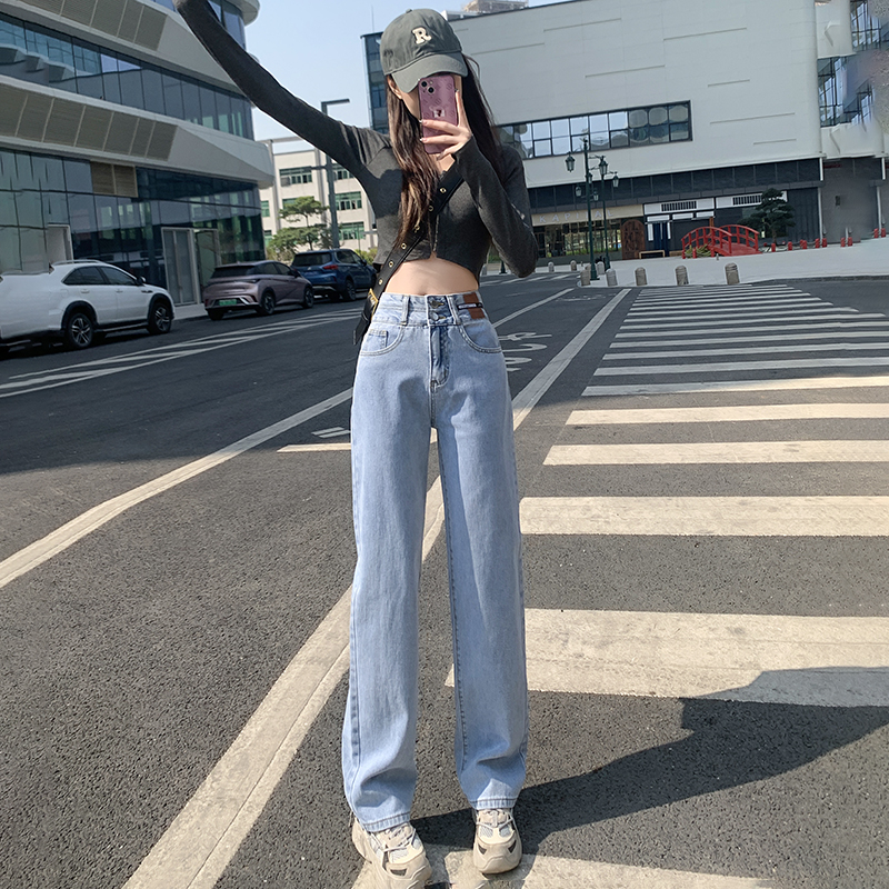 Real shot of straight double-breasted jeans for women 2024 spring new style high-waisted slimming loose wide-leg pants for women