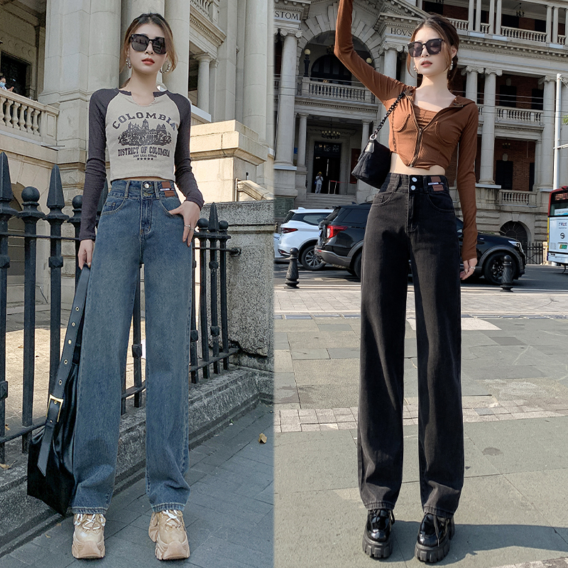 Real shot of straight double-breasted jeans for women 2024 spring new style high-waisted slimming loose wide-leg pants for women