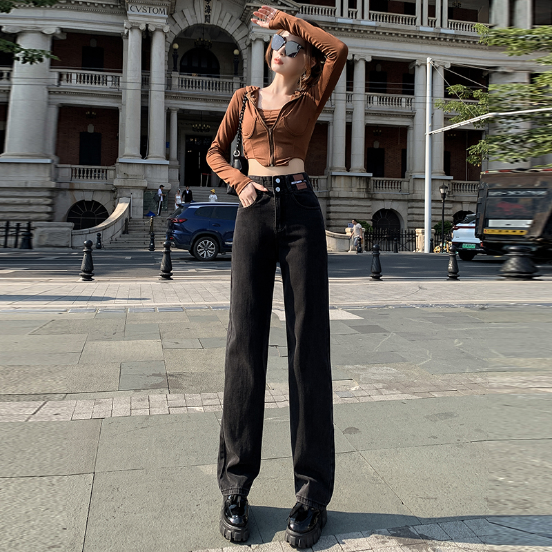 Real shot of straight double-breasted jeans for women 2024 spring new style high-waisted slimming loose wide-leg pants for women