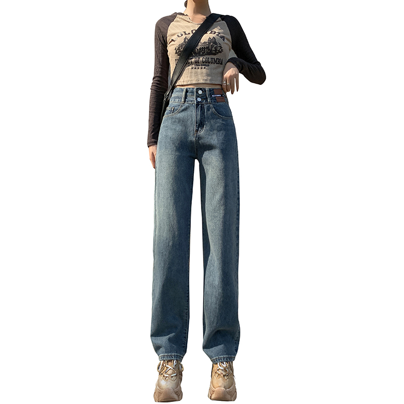 Real shot of straight double-breasted jeans for women 2024 spring new style high-waisted slimming loose wide-leg pants for women