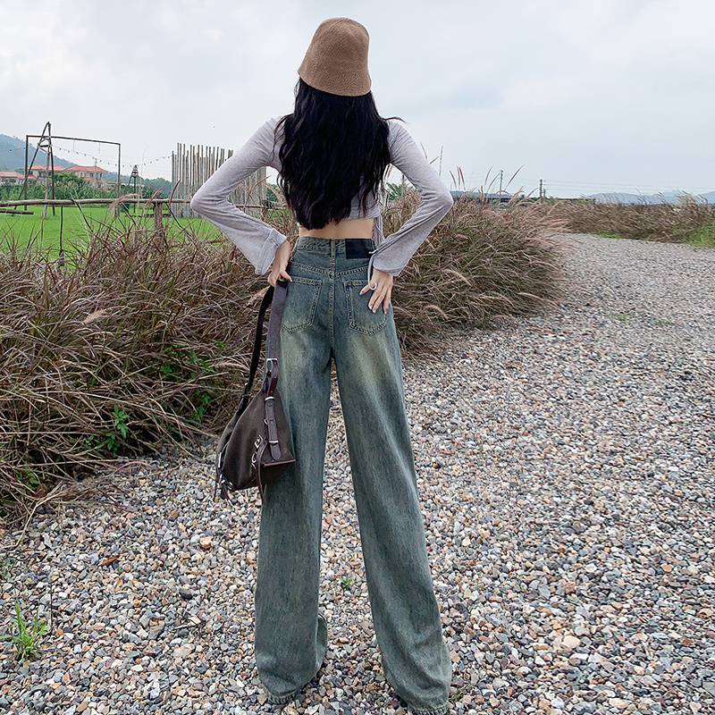 Actual shot of high-waisted jeans for women in spring and summer American high street slim hot girls floor-length loose straight pants