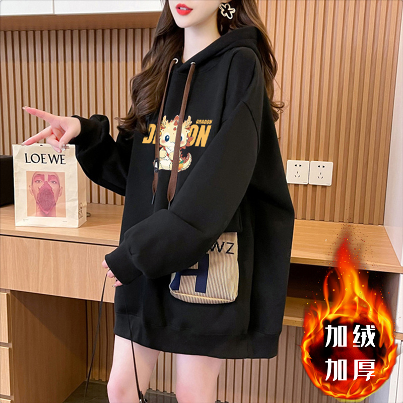 First imitation Chinese cotton velvet plus velvet thickened three-dimensional bag 2024 New Year hooded sweatshirt for women