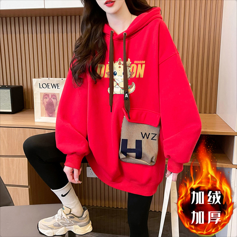 First imitation Chinese cotton velvet plus velvet thickened three-dimensional bag 2024 New Year hooded sweatshirt for women