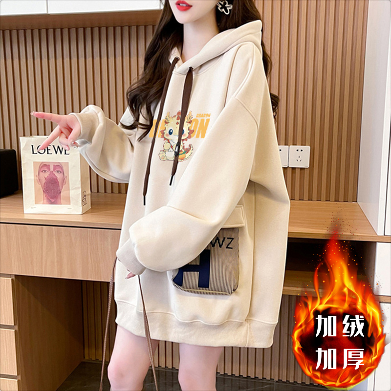 First imitation Chinese cotton velvet plus velvet thickened three-dimensional bag 2024 New Year hooded sweatshirt for women