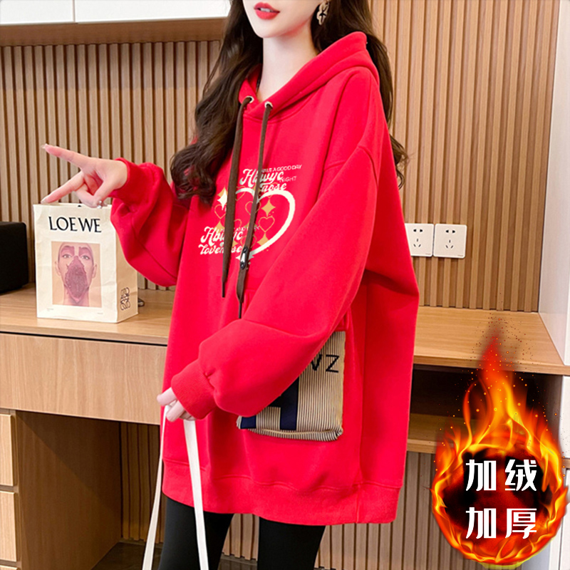 First imitation Chinese cotton velvet plus velvet thickened three-dimensional bag 2024 New Year hooded sweatshirt for women