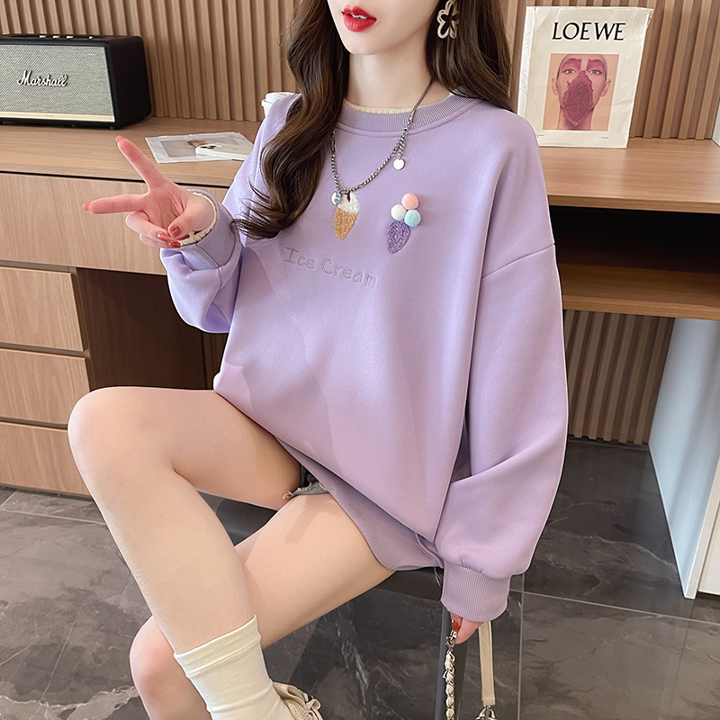 Real shot of Chinese cotton composite true super plus velvet fake two-piece sweatshirt for women winter round neck warm top plus size women's 200 pounds