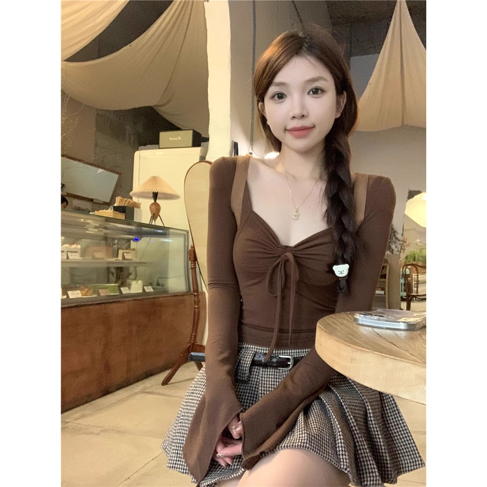 Official picture of drawstring bottoming shirt for women in spring and autumn, Korean style top, slim and pure, with square collar long-sleeved T-shirt