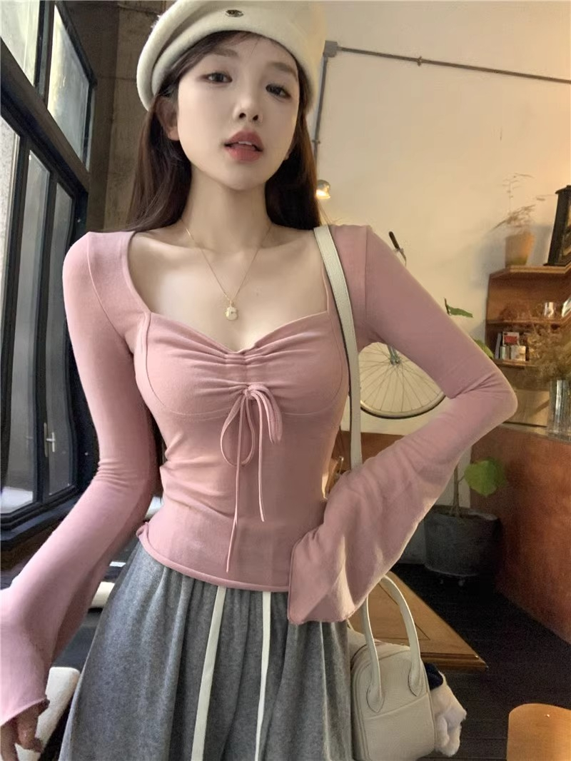 Official picture of drawstring bottoming shirt for women in spring and autumn, Korean style top, slim and pure, with square collar long-sleeved T-shirt