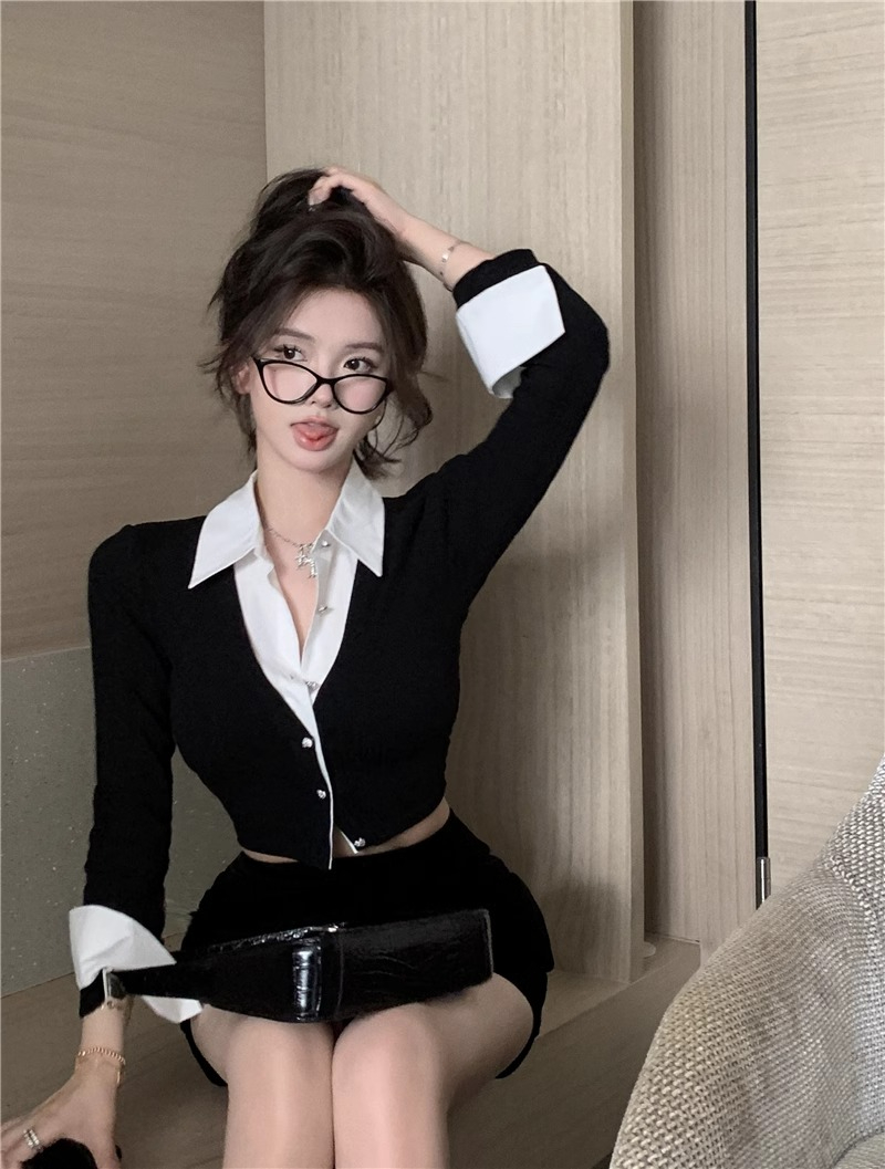 Official photo, fake two-piece shirt, women's design niche spring and autumn short top, long-sleeved cardigan, contrasting color splicing shirt