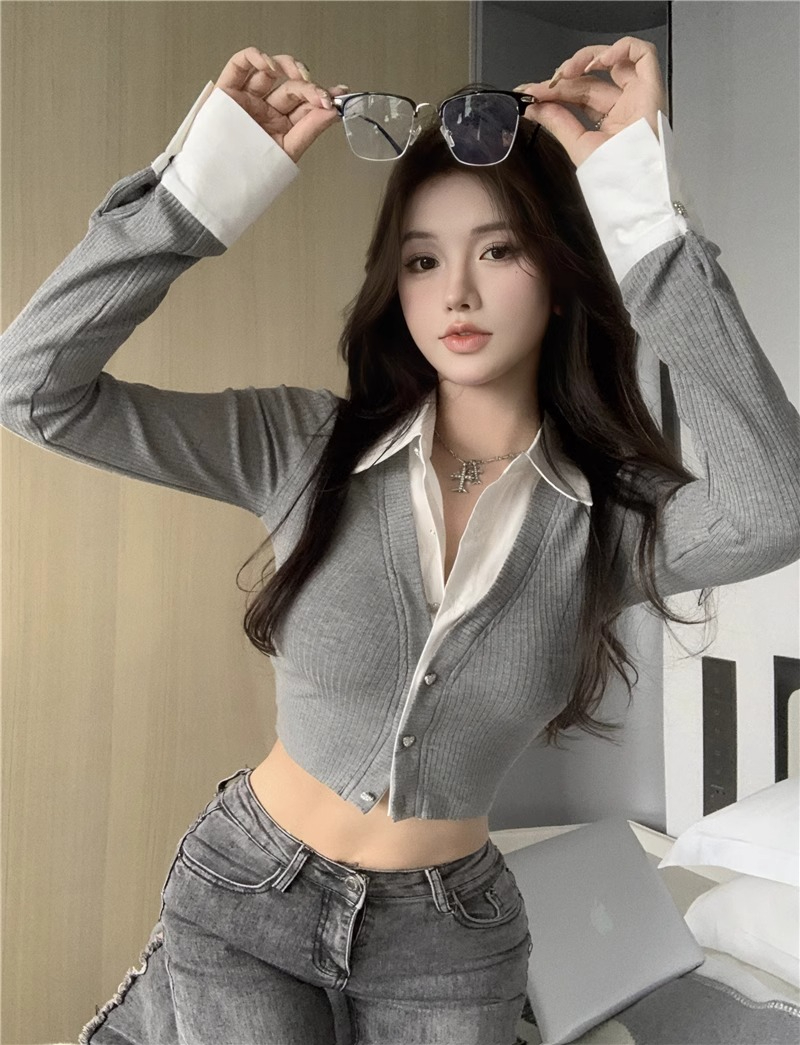 Official photo, fake two-piece shirt, women's design niche spring and autumn short top, long-sleeved cardigan, contrasting color splicing shirt