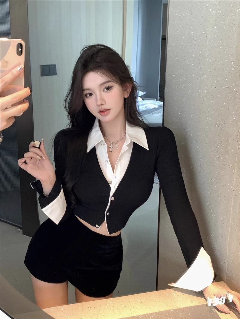 Official photo, fake two-piece shirt, women's design niche spring and autumn short top, long-sleeved cardigan, contrasting color splicing shirt